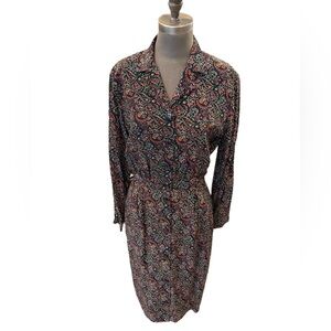 Talbots Silk Black Floral Midi Shirt Dress 10